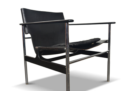 PAIR OF 1960s CHARLES POLLOCK "657" LOUNGE CHAIRS IN LEATHER + CHROME