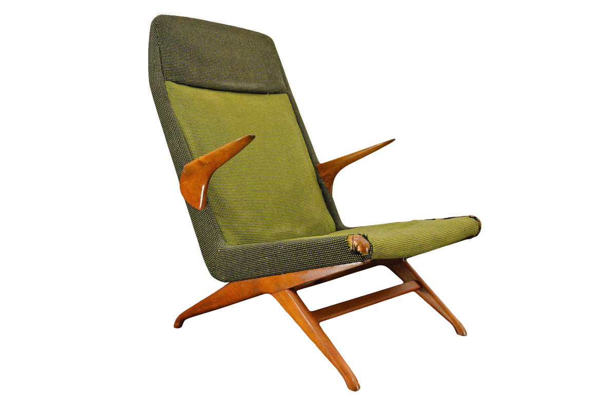 Scandinavian High Back Chair in Oak and Green Striped Upholstery