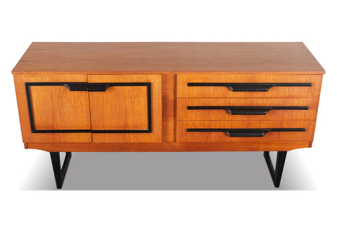 ENGLISH MODERN MID CENTURY CREDENZA IN TEAK WITH BLACK LACQUER ACCENTS