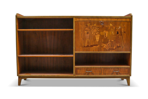 SWEDISH MODERN BAR CABINET / BOOKCASE WITH DETAILED INLAYS