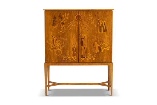 1940s DETAILED INTARSIA WALNUT SWEDISH CABINET BY ERIK MATTSON