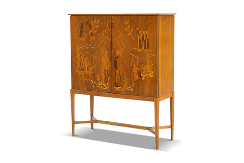 1940s DETAILED INTARSIA WALNUT SWEDISH CABINET BY ERIK MATTSON