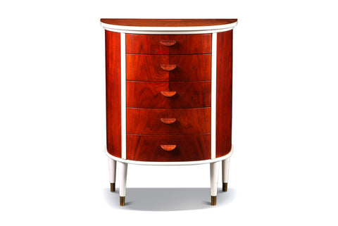DANISH MODERN FIVE DRAWER BOW FRONT CHEST IN TEAK + WHITE LACQUER