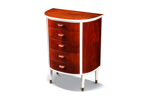 DANISH MODERN FIVE DRAWER BOW FRONT CHEST IN TEAK + WHITE LACQUER