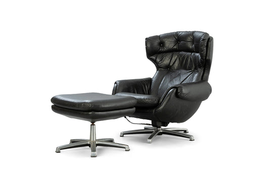 RECLINING FINNISH LOUNGE CHAIR + OTTOMAN IN BLACK LEATHER