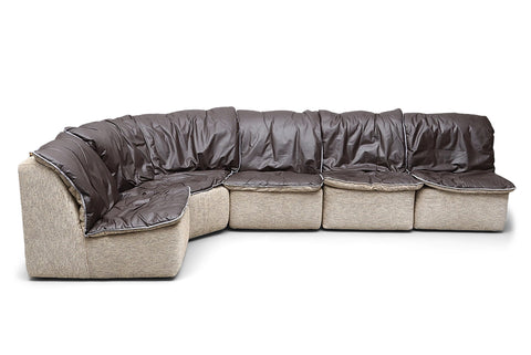 1970s FIVE PIECE MODULAR SOFA IN FLEECE + LEATHER WITH REVERSIBLE CUSHIONS