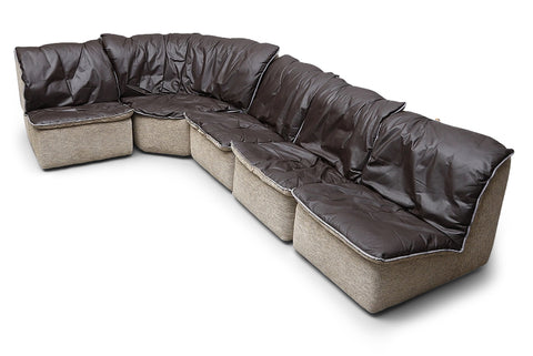 1970s FIVE PIECE MODULAR SOFA IN FLEECE + LEATHER WITH REVERSIBLE CUSHIONS