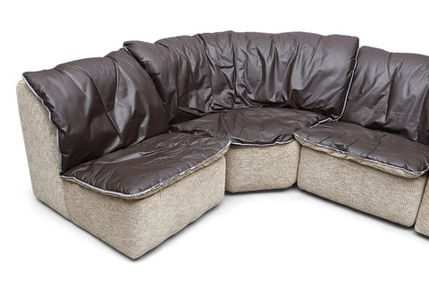1970s FIVE PIECE MODULAR SOFA IN FLEECE + LEATHER WITH REVERSIBLE CUSHIONS