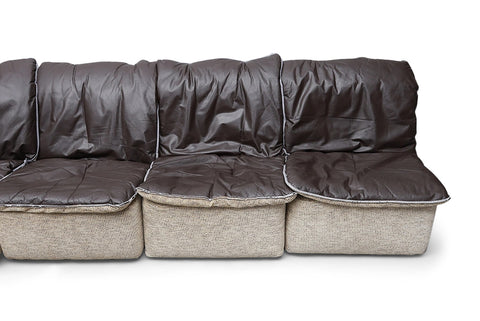 1970s FIVE PIECE MODULAR SOFA IN FLEECE + LEATHER WITH REVERSIBLE CUSHIONS