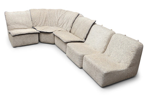 1970s FIVE PIECE MODULAR SOFA IN FLEECE + LEATHER WITH REVERSIBLE CUSHIONS