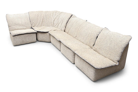 1970s FIVE PIECE MODULAR SOFA IN FLEECE + LEATHER WITH REVERSIBLE CUSHIONS