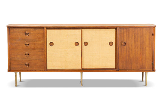 RARE WILLIAM WATTING CREDENZA IN TEAK + GRASSCLOTH