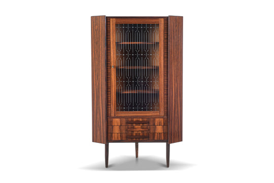 DANISH MODERN ROSEWOOD CORNER CABINET WITH ETCHED GLASS DOORS
