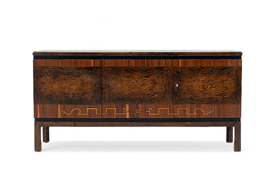 1920s SWEDISH GRACE CREDENZA IN MAHOGANY WITH MARQUETRY INLAYS