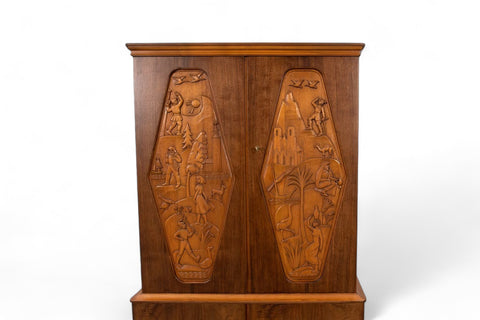 TALL MAHOGANY HAND CARVED CUPBOARD BY EUGEN HOGLUND