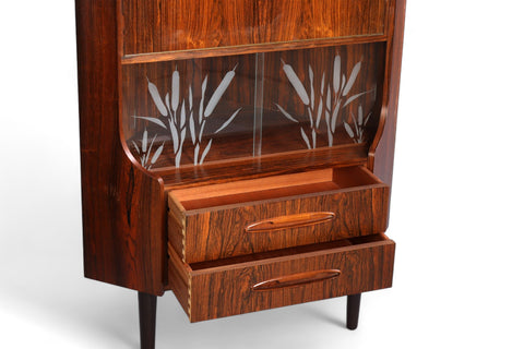1960s ROSEWOOD CORNER UNIT WITH ETCHED GLASS DOORS