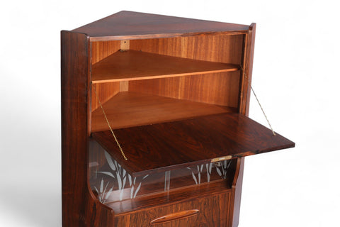 1960s ROSEWOOD CORNER UNIT WITH ETCHED GLASS DOORS