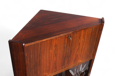 1960s ROSEWOOD CORNER UNIT WITH ETCHED GLASS DOORS