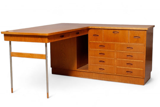 1950s SOLID OAK DANISH MODERN L-SHAPED DESK + CREDENZA