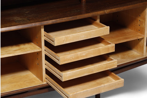 RARE KURT OLSEN WALL UNIT / TALL WALNUT SIDEBOARD WITH TAMBOUR DOORS