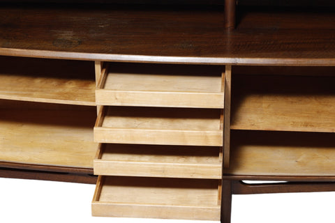 RARE KURT OLSEN WALL UNIT / TALL WALNUT SIDEBOARD WITH TAMBOUR DOORS