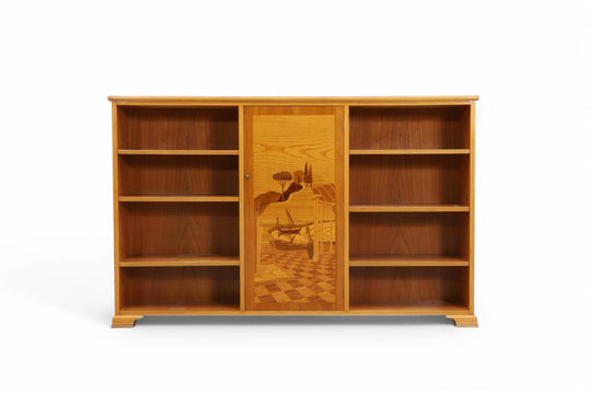 1940s INTARSA INLAY BOOKCASE IN ELM