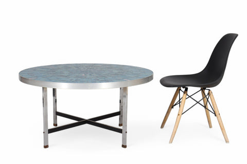 RARE BERTHOLD MÜLLER ROUND MOSAIC TILE TOP COFFEE TABBLE  side view with a chair