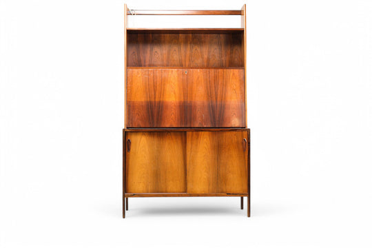 DANISH MODERN BOOKCASE WITH DROP FRONT BAR CABINET