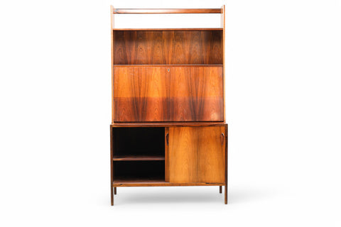 DANISH MODERN BOOKCASE WITH DROP FRONT BAR CABINET
