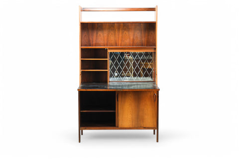 DANISH MODERN BOOKCASE WITH DROP FRONT BAR CABINET