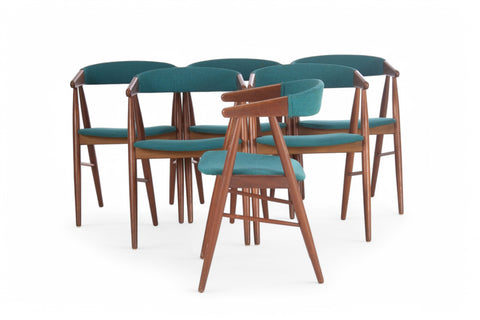 A set of six teak wood dining chairs with green upholstered seats, designed by Aksel Bender Madsen, Denmark, 1960s.