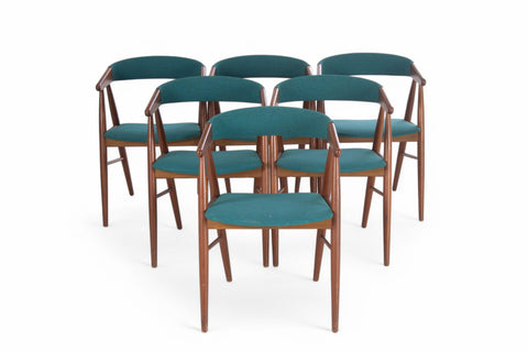 A set of six teak wood dining chairs with green upholstered seats, designed by Aksel Bender Madsen, Denmark, 1960s.
