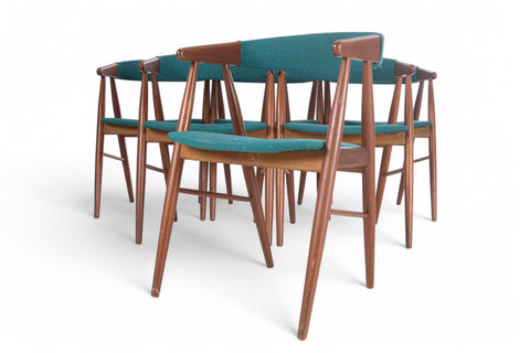A set of six teak wood dining chairs with green upholstered seats, designed by Aksel Bender Madsen, Denmark, 1960s.