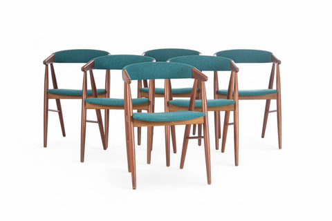 A set of six teak wood dining chairs with green upholstered seats, designed by Aksel Bender Madsen, Denmark, 1960s.