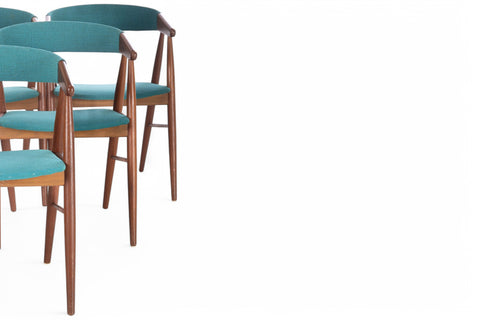 A set of six teak wood dining chairs with green upholstered seats, designed by Aksel Bender Madsen, Denmark, 1960s.