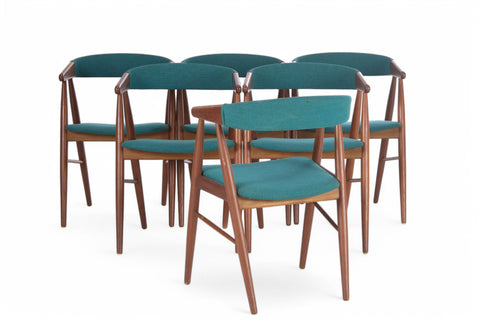 A set of six teak wood dining chairs with green upholstered seats, designed by Aksel Bender Madsen, Denmark, 1960s.