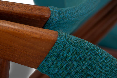 A set of six teak wood dining chairs with green upholstered seats, designed by Aksel Bender Madsen, Denmark, 1960s. - Close-up view