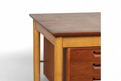 Desk surface showing rich teak wood pattern on mid-century writing table