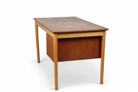 Desk surface showing rich teak wood pattern on mid-century writing table