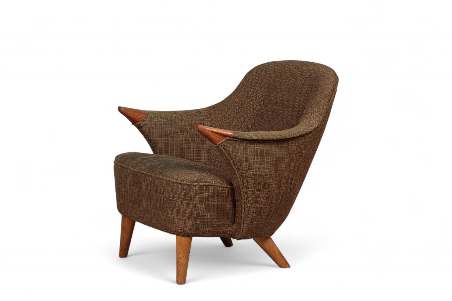 1950s DANISH MID CENTURY LOWBACK ARMCHAIR WITH TEAK PAWS
