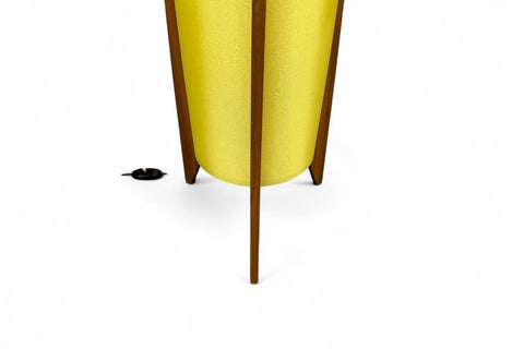 Teak pedestal and tripod base detail on vintage Danish lamp