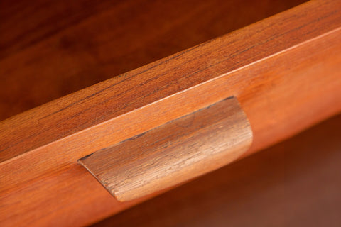 mid century teak curio cabinet display in a minimalist style