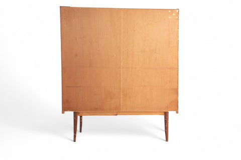 Teak curio showcase with refined mid century profile