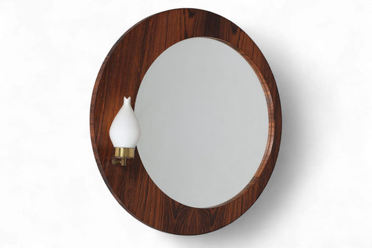 ROUND 1960s VINTAGE DANISH ROSEWOOD WALL MIRROR + SCONCE