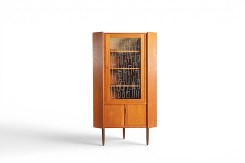 Omann Jun 1950s Danish teak corner cabinet with asymmetrical etched glass door — mid century modern storage