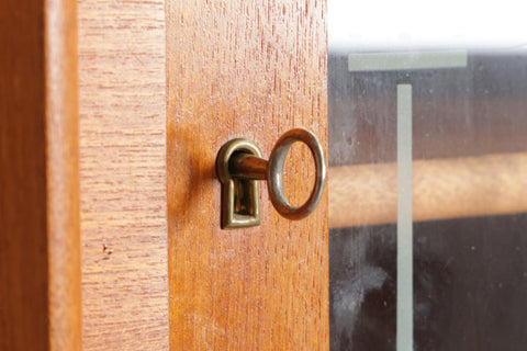 Original brass key and lock on etched glass door — Omann Jun Danish teak corner cabinet 1950s