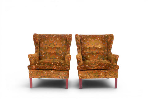 Front view of matched pair of OPE Møbler Swedish lounge chairs in original 1960s floral velvet upholstery