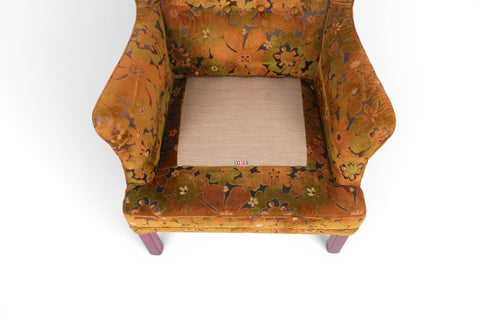 Overhead seat detail of OPE Møbler lounge chair showing original manufacturer label — 1960s Swedish mid century