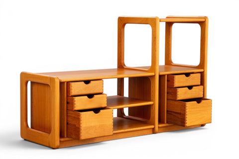 Drawers open detail on 1960s Danish teak hi-fi record shelf showing dovetail joinery and finger-pull handles