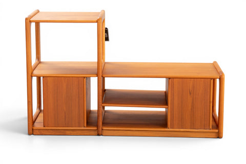 Back view of 1960s Danish teak hi-fi record shelf showing tambour sliding panels and original label